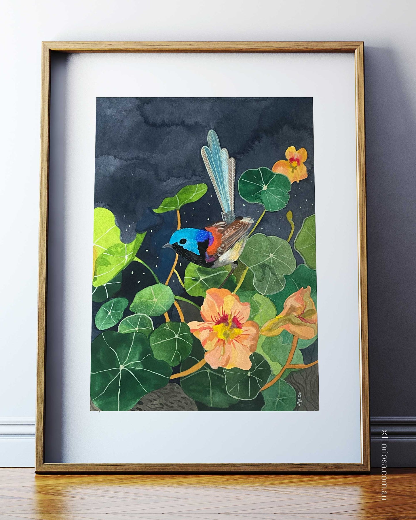 Fairywren Amongst Nasturtiums - Original Watercolour Painting
