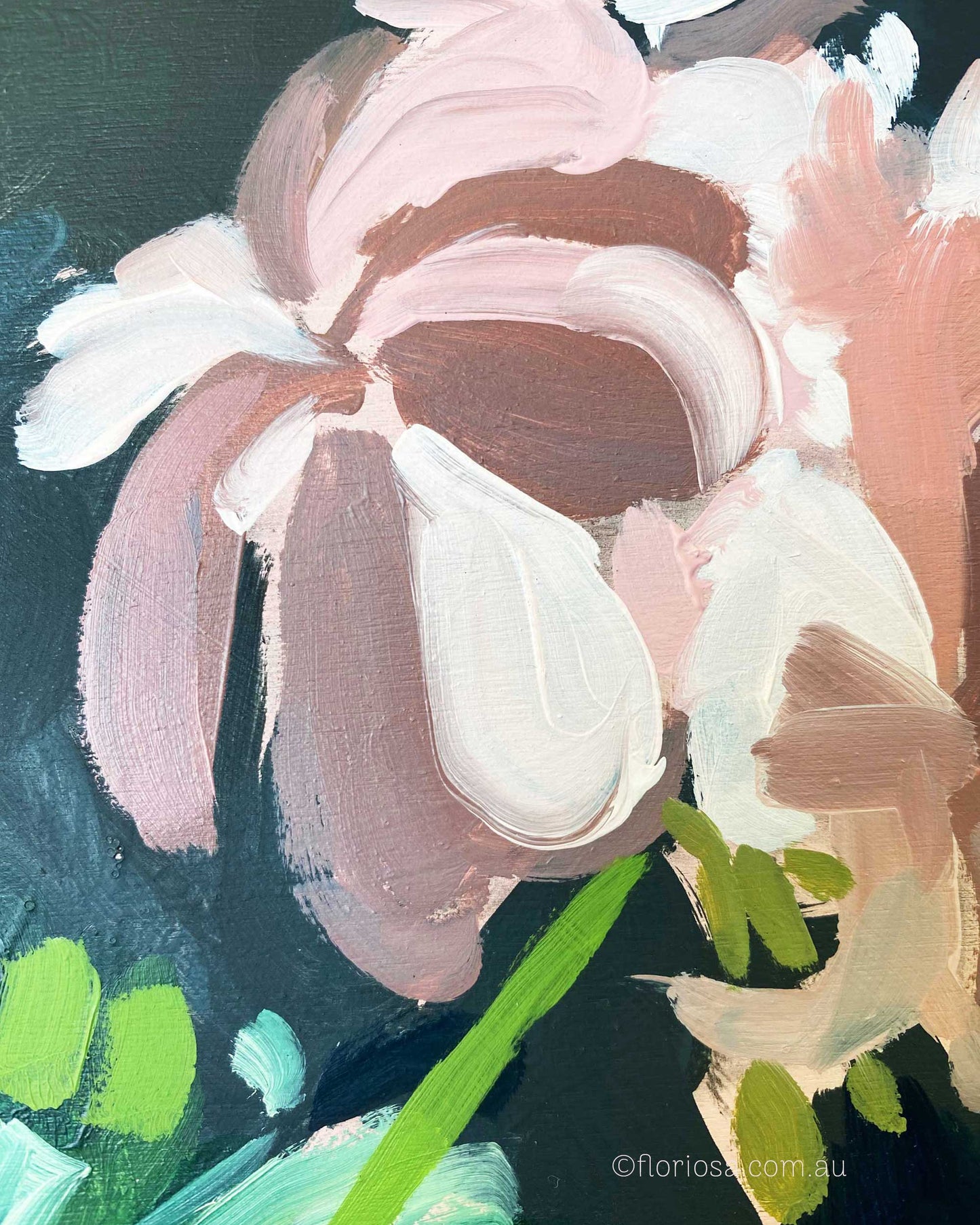 Pink Geraniums in Aqua Bottle - Original Framed Oil Painting
