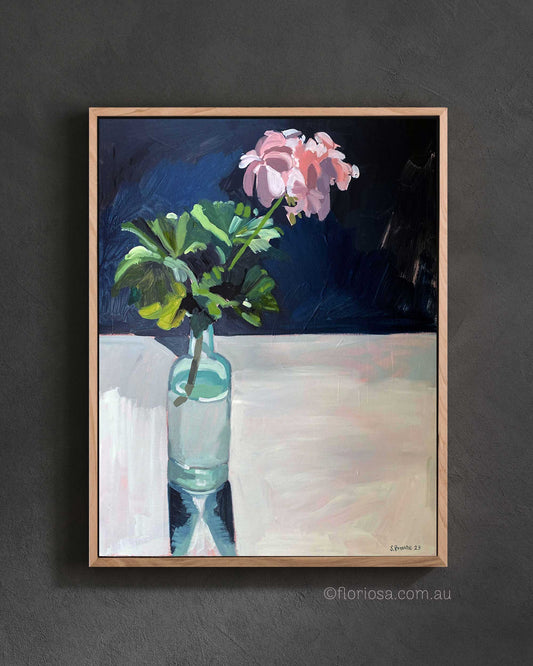 Pink Geraniums in Aqua Bottle - Original Framed Oil Painting