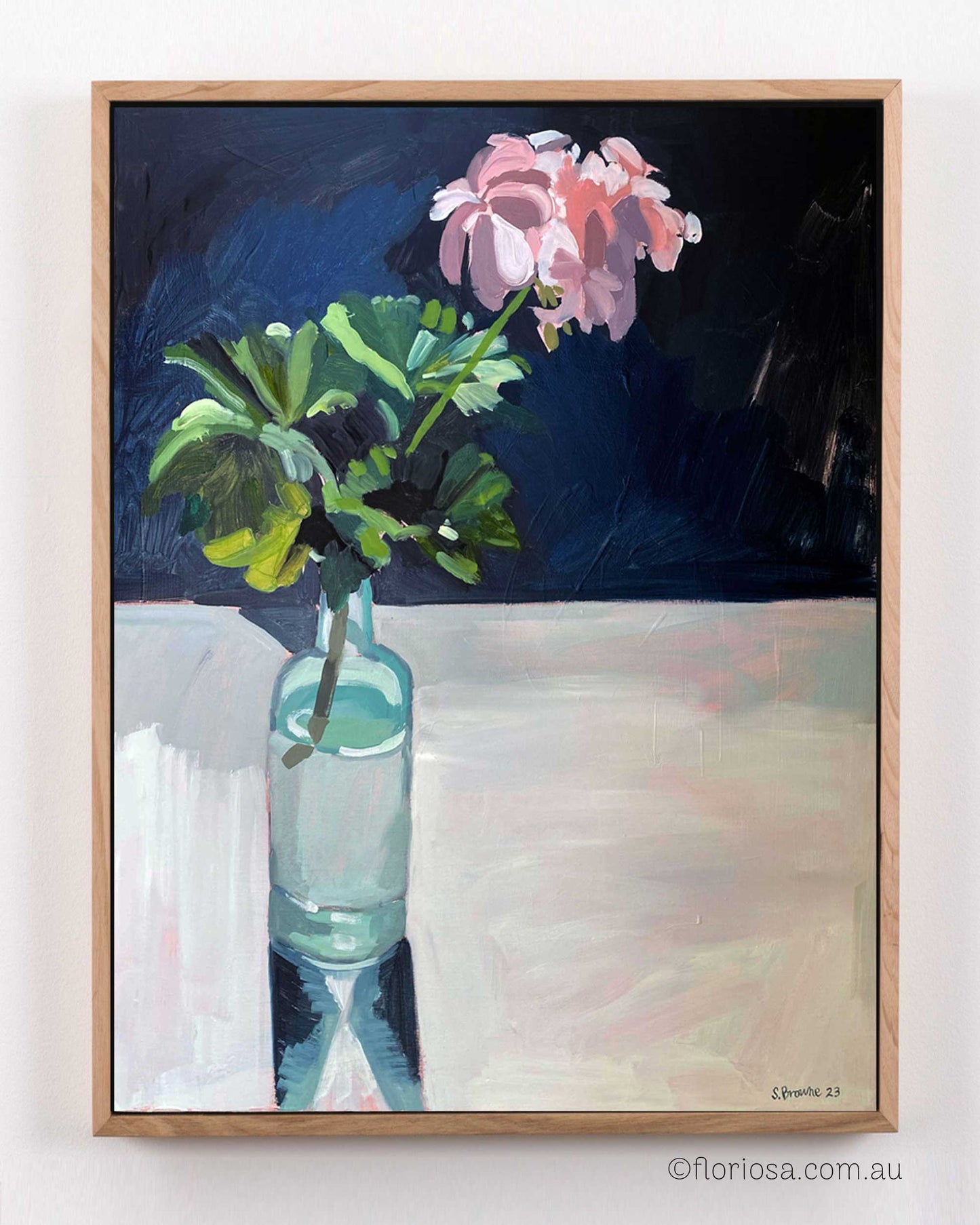 Pink Geraniums in Aqua Bottle - Original Framed Oil Painting