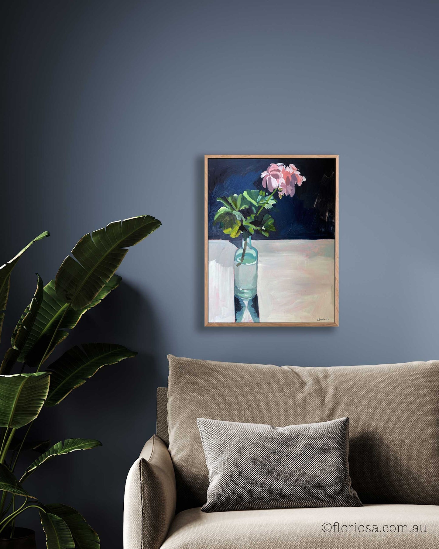 Pink Geraniums in Aqua Bottle - Original Framed Oil Painting