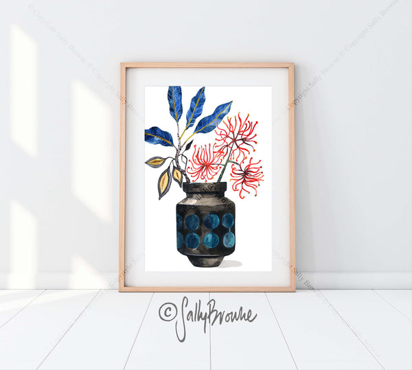 Stenocarpus Firewheel in Retro Vase, Limited Edition Signed Fine Art Print