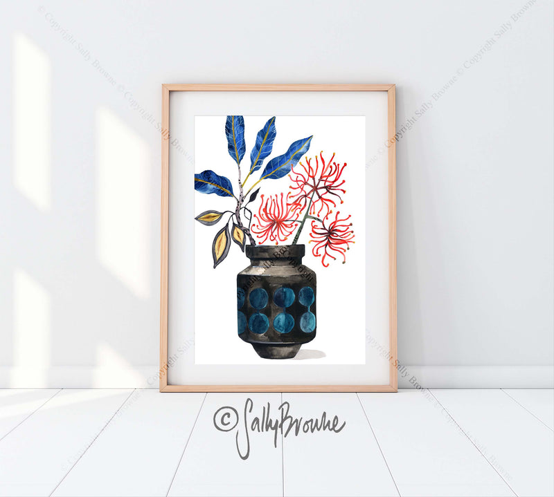 Stenocarpus Firewheel in Retro Vase, Limited Edition Signed Fine Art Print