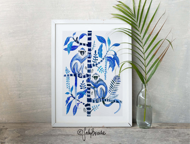 Indigo Monkeys on Frangipani Tree, Limited Edition Signed Fine Art Print