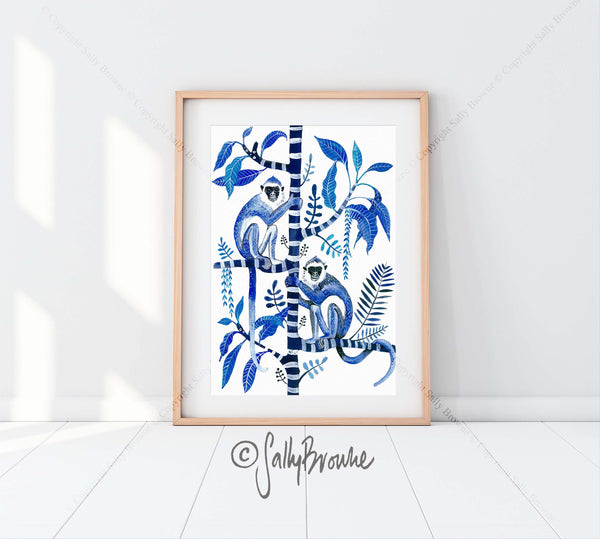Indigo Monkeys on Frangipani Tree, Limited Edition Signed Fine Art Print