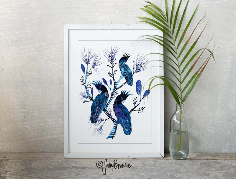 Indigo Cockatoos & Banksia Pines, Limited Edition Signed Fine Art print