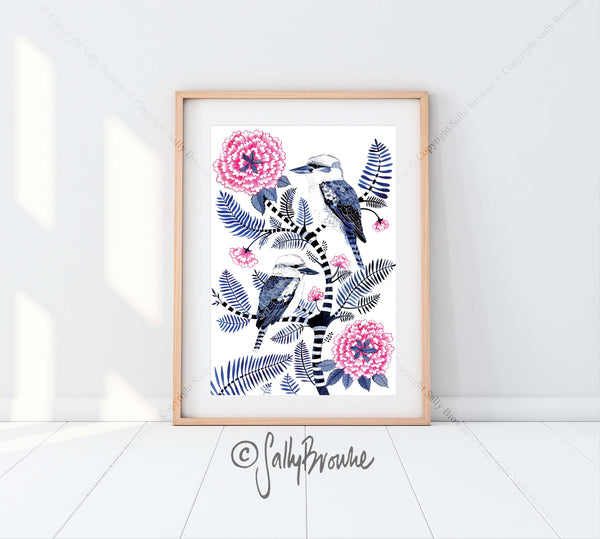 Indigo Kookaburras & Magenta Peonies, Limited Edition Signed Fine Art Print