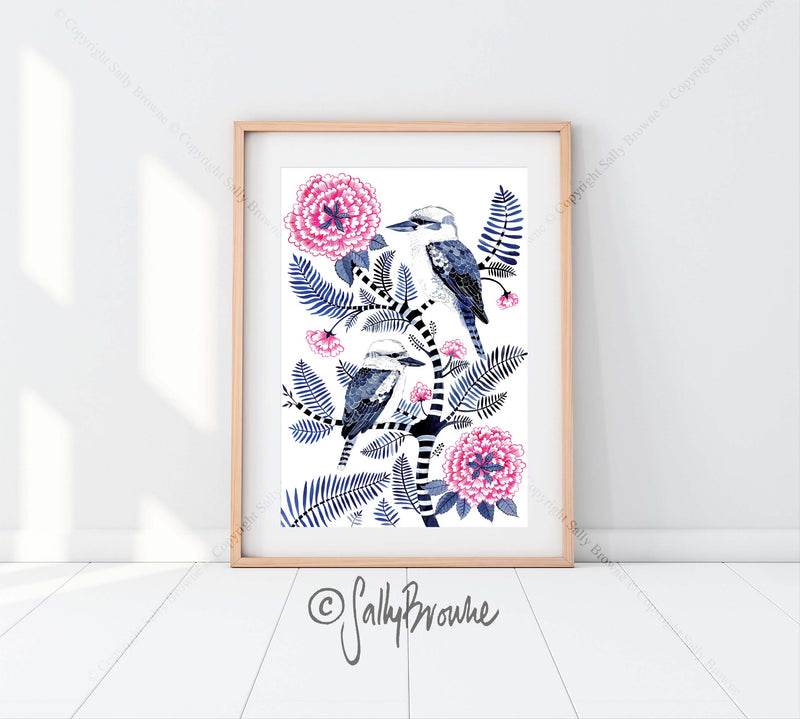 Indigo Kookaburras & Magenta Peonies, Limited Edition Signed Fine Art Print