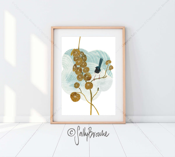 Kawaii Fairy Wren and Stephania, Limited Edition Signed Fine Art Print