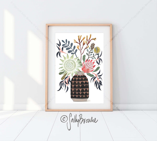 King Protea and Natives in Ceramic Vase, Limited Edition Signed Fine Art Print