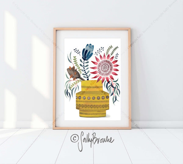 King Protea and Native Flowers in Yellow Rimini, Limited Edition Signed Fine Art Print