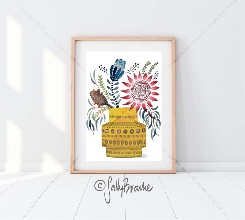 King Protea and Native Flowers in Yellow Rimini, Limited Edition Signed Fine Art Print