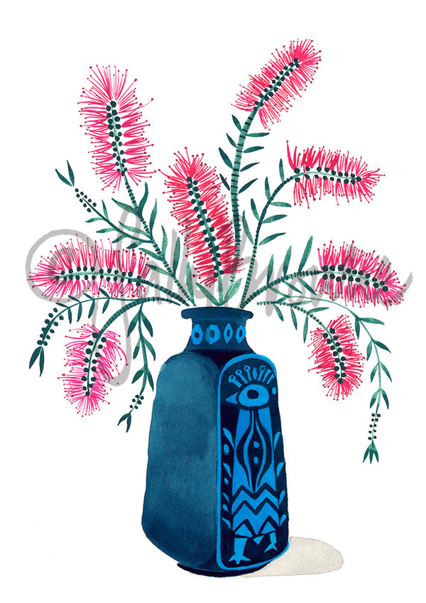 Pink Callistemon in Retro Peacock Vase, Limited Edition Signed Fine Art Print