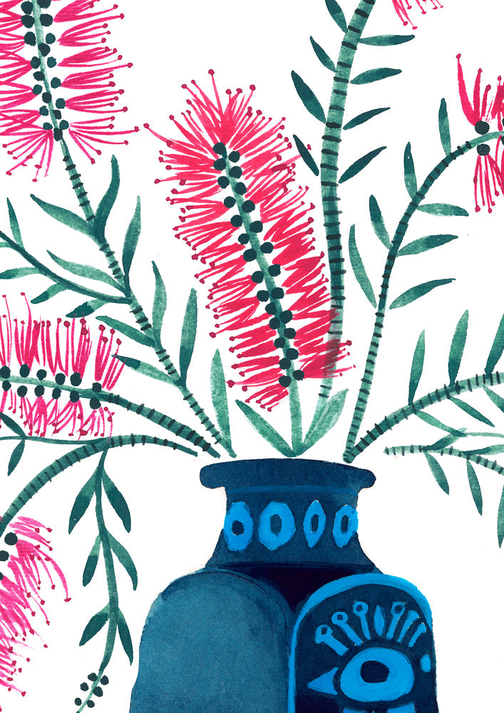 Pink Callistemon in Retro Peacock Vase, Limited Edition Signed Fine Art Print