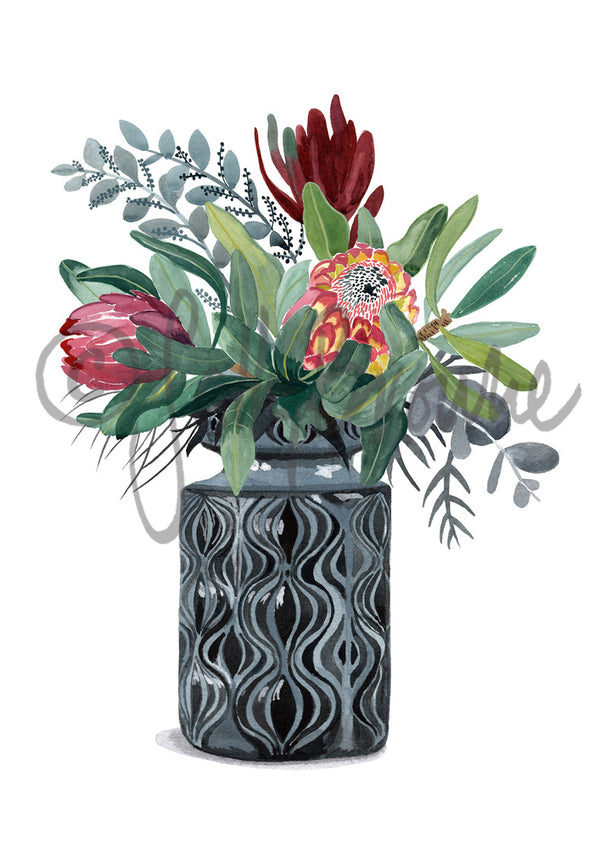 Proteas and Natives in Grey Onion Vase, Limited Edition Signed Fine Art print