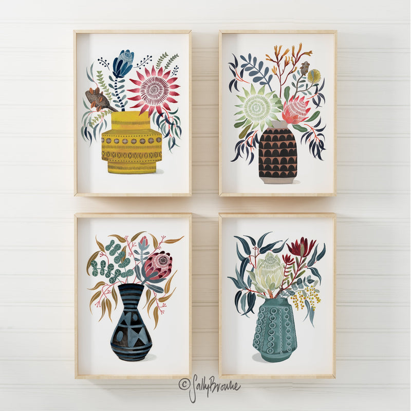 King Protea and Native Flowers in Yellow Rimini, Limited Edition Signed Fine Art Print