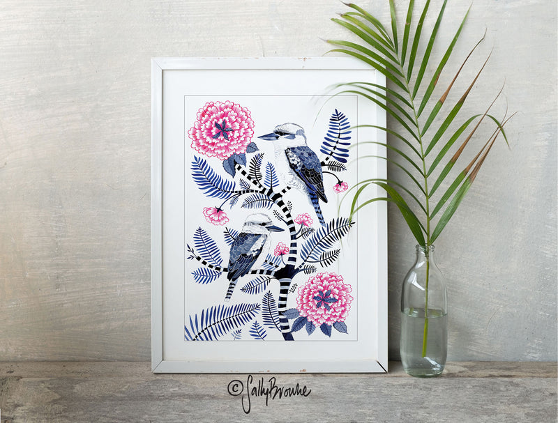 Indigo Kookaburras & Magenta Peonies, Limited Edition Signed Fine Art Print