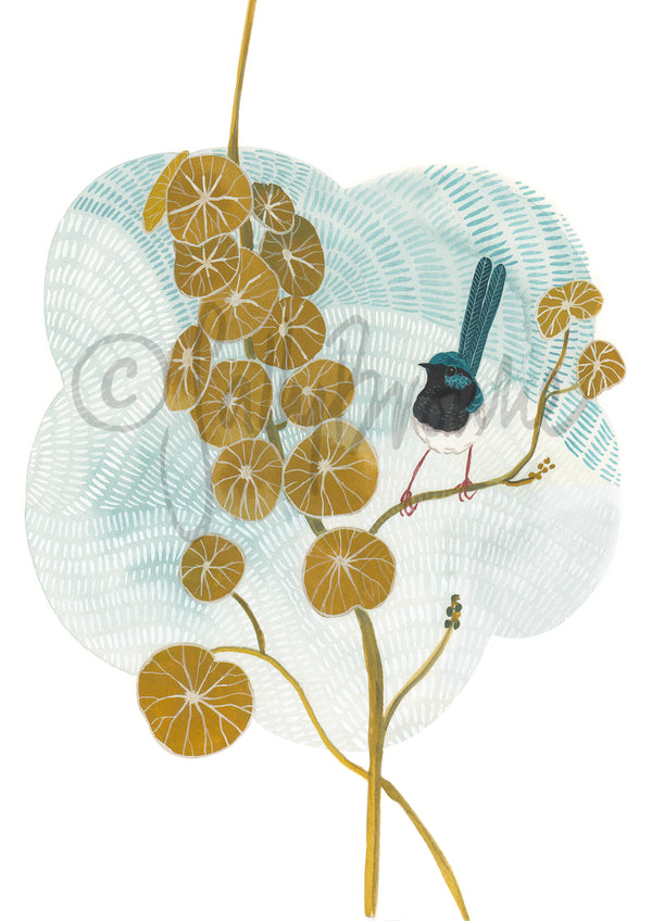Kawaii Fairy Wren and Stephania, Limited Edition Signed Fine Art Print