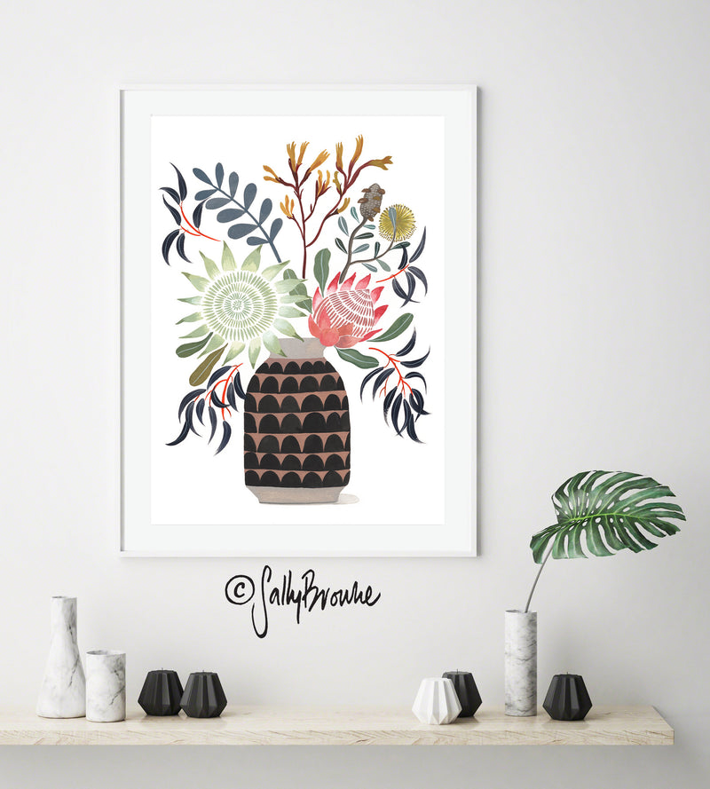 King Protea and Natives in Ceramic Vase, Limited Edition Signed Fine Art Print