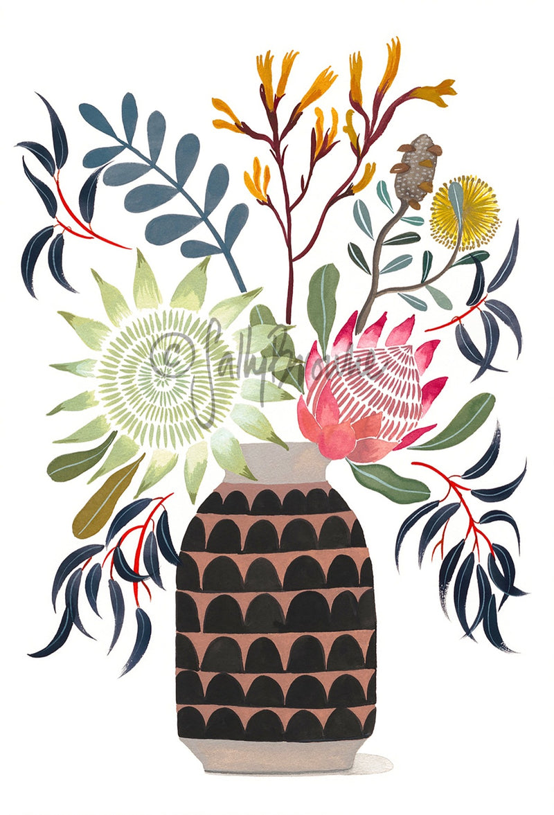 King Protea and Natives in Ceramic Vase, Limited Edition Signed Fine Art Print