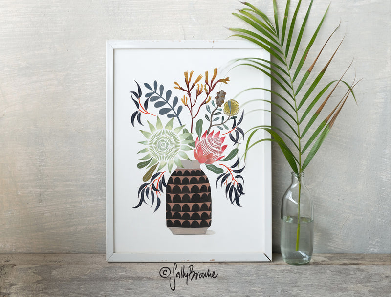 King Protea and Natives in Ceramic Vase, Limited Edition Signed Fine Art Print