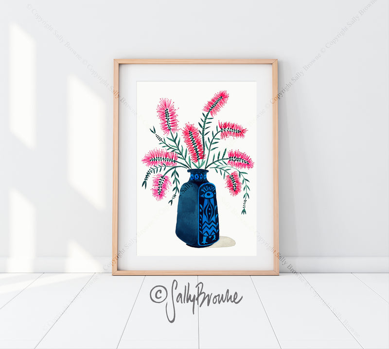 Pink Callistemon in Retro Peacock Vase, Limited Edition Signed Fine Art Print