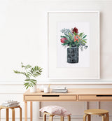 Proteas and Natives in Grey Onion Vase, Limited Edition Signed Fine Art print