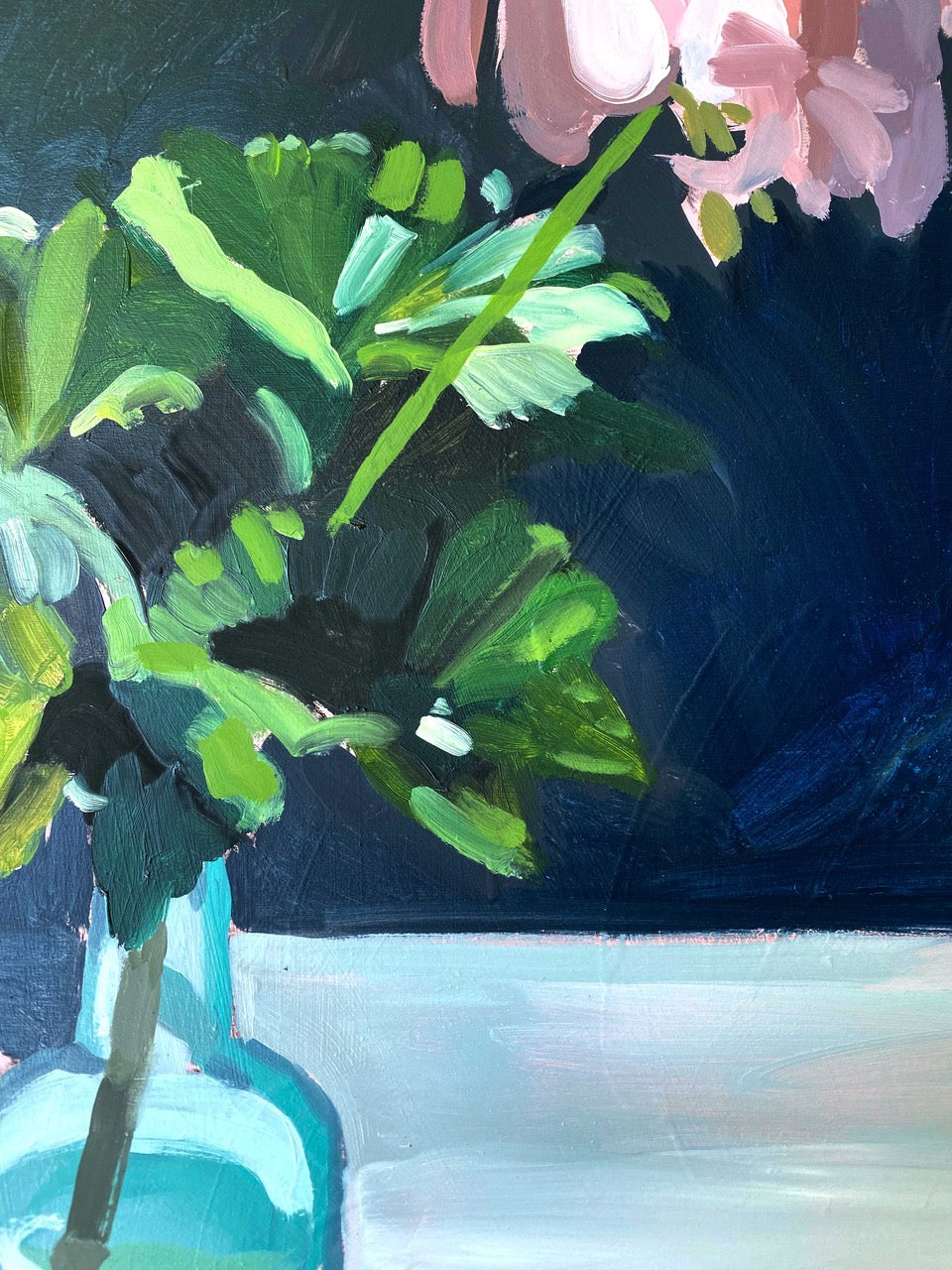 Pink Geraniums in Aqua Bottle - Original Framed Oil Painting