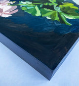 Pink Geraniums in Aqua Bottle original oil painting