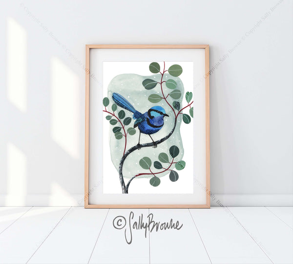 Splendid Fairy Wren and Silver Dollar Eucalyptus, Limited Edition Signed Fine Art Print