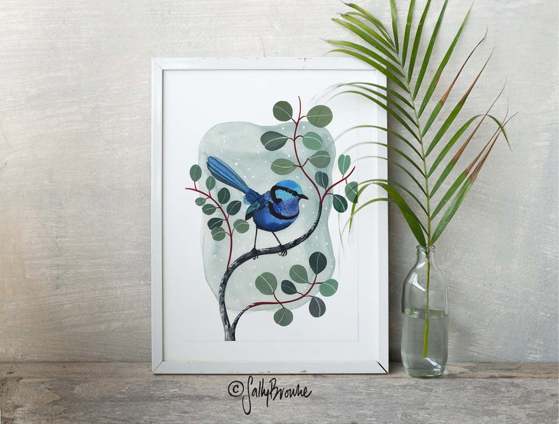 Splendid Fairy Wren and Silver Dollar Eucalyptus, Limited Edition Signed Fine Art Print
