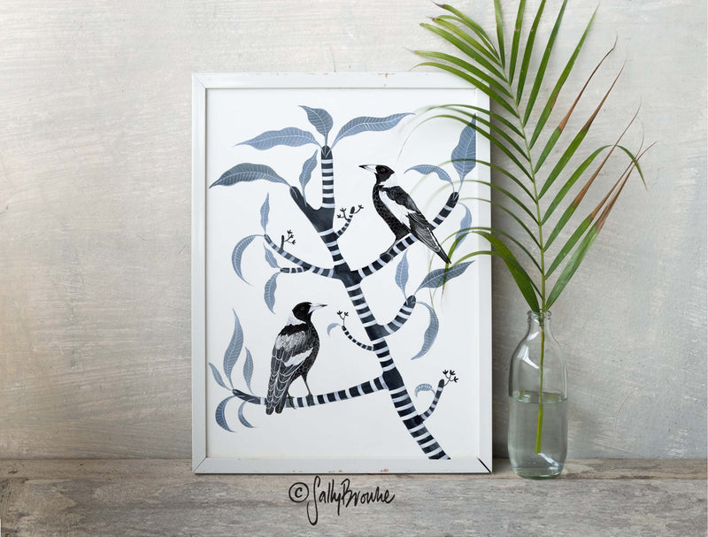 Two for Joy, Australian Magpie and Frangipani, Limited Edition Signed Fine Art print.