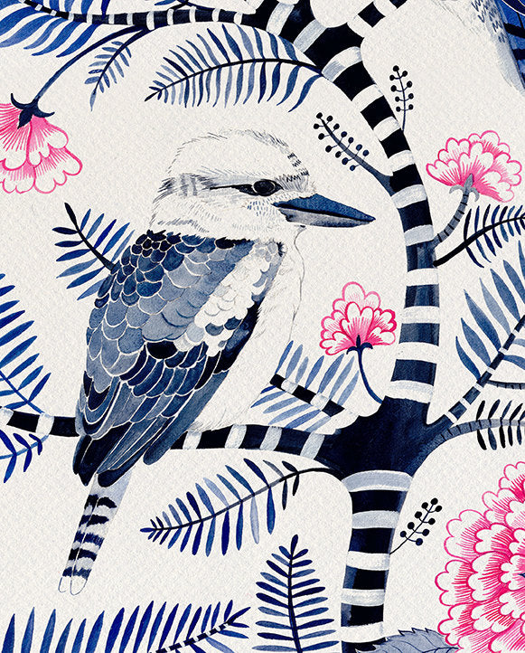 Indigo Kookaburras & Magenta Peonies, Limited Edition Signed Fine Art Print