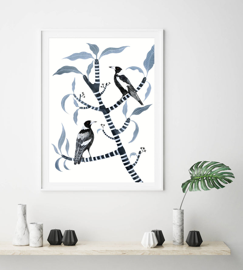 Two for Joy, Australian Magpie and Frangipani, Limited Edition Signed Fine Art print.