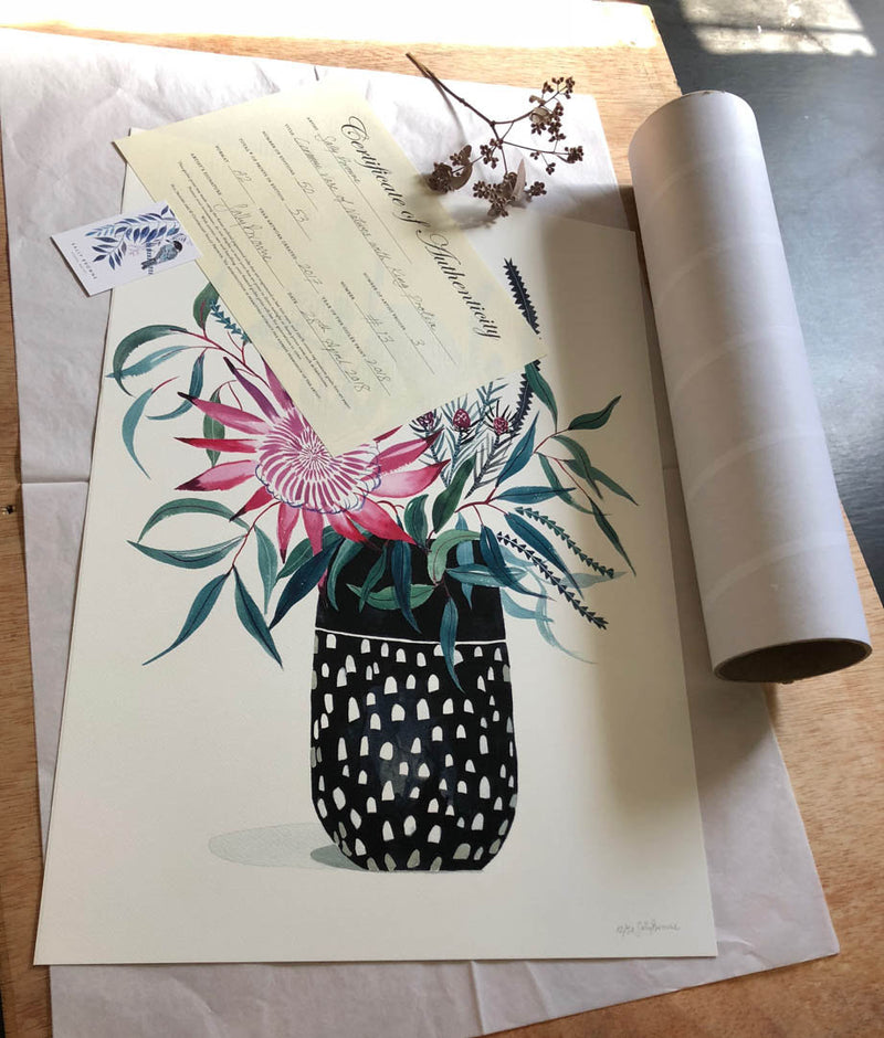 Two for Joy, Australian Magpie and Frangipani, Limited Edition Signed Fine Art print.