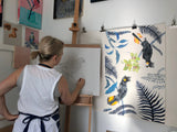 Indigo Kookaburras & Magenta Peonies, Limited Edition Signed Fine Art Print