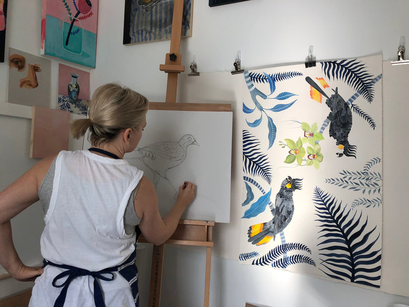 Indigo Kookaburras & Magenta Peonies, Limited Edition Signed Fine Art Print