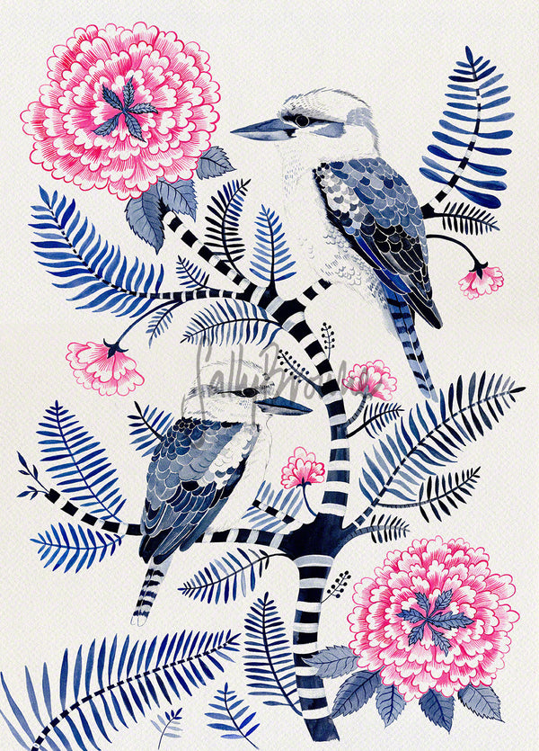 Indigo Kookaburras & Magenta Peonies, Limited Edition Signed Fine Art Print
